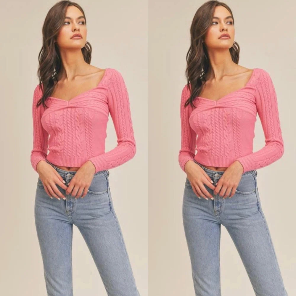 NWT Lush Clothing Cropped Knit Sweater, Pink, Large